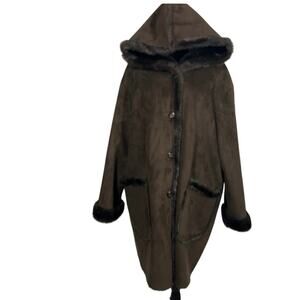 Jones New York Faux Fur Suede long Coat Brown faux fur trims Sz 2X thick heavy